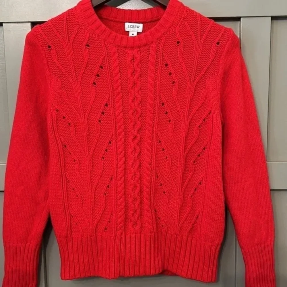 J. Crew Pointelle Cable Front Pullover Sweater Lambs Wool Red Size Medium